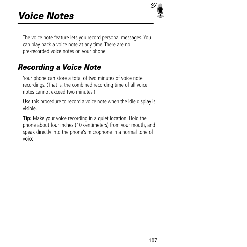 Voice notes, Recording a voice note | Motorola V60C User Manual | Page 109 / 190