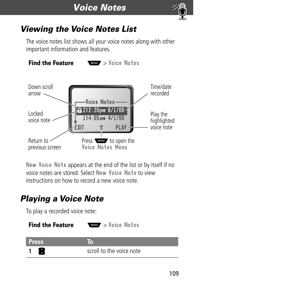 Viewing the voice notes list, Playing a voice note, Viewing the voice notes list playing a voice note | Motorola V60C User Manual | Page 111 / 190