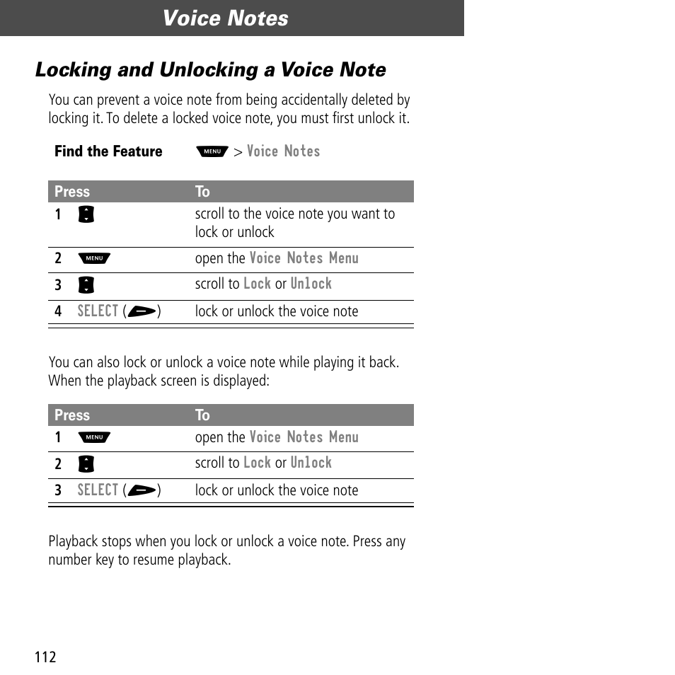 Locking and unlocking a voice note | Motorola V60C User Manual | Page 114 / 190