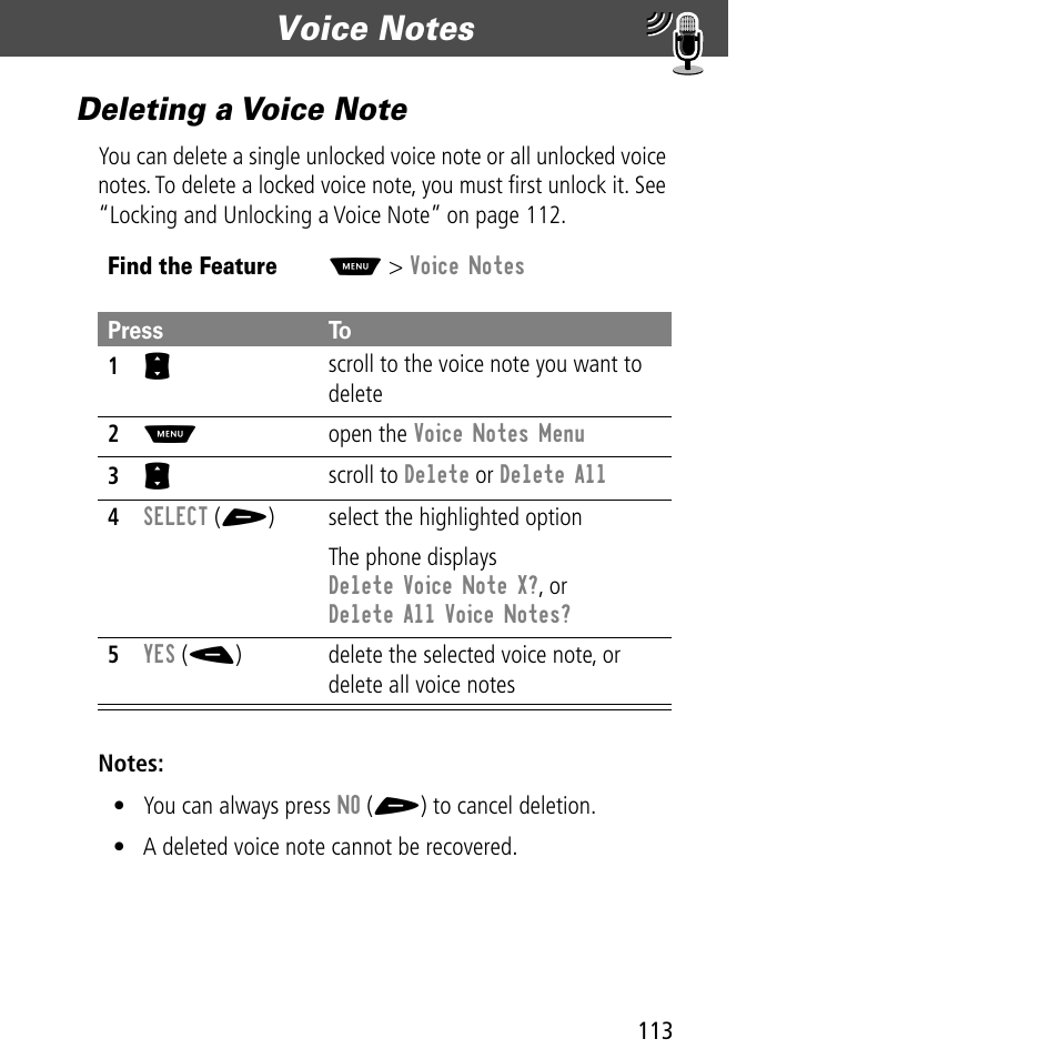 Deleting a voice note | Motorola V60C User Manual | Page 115 / 190