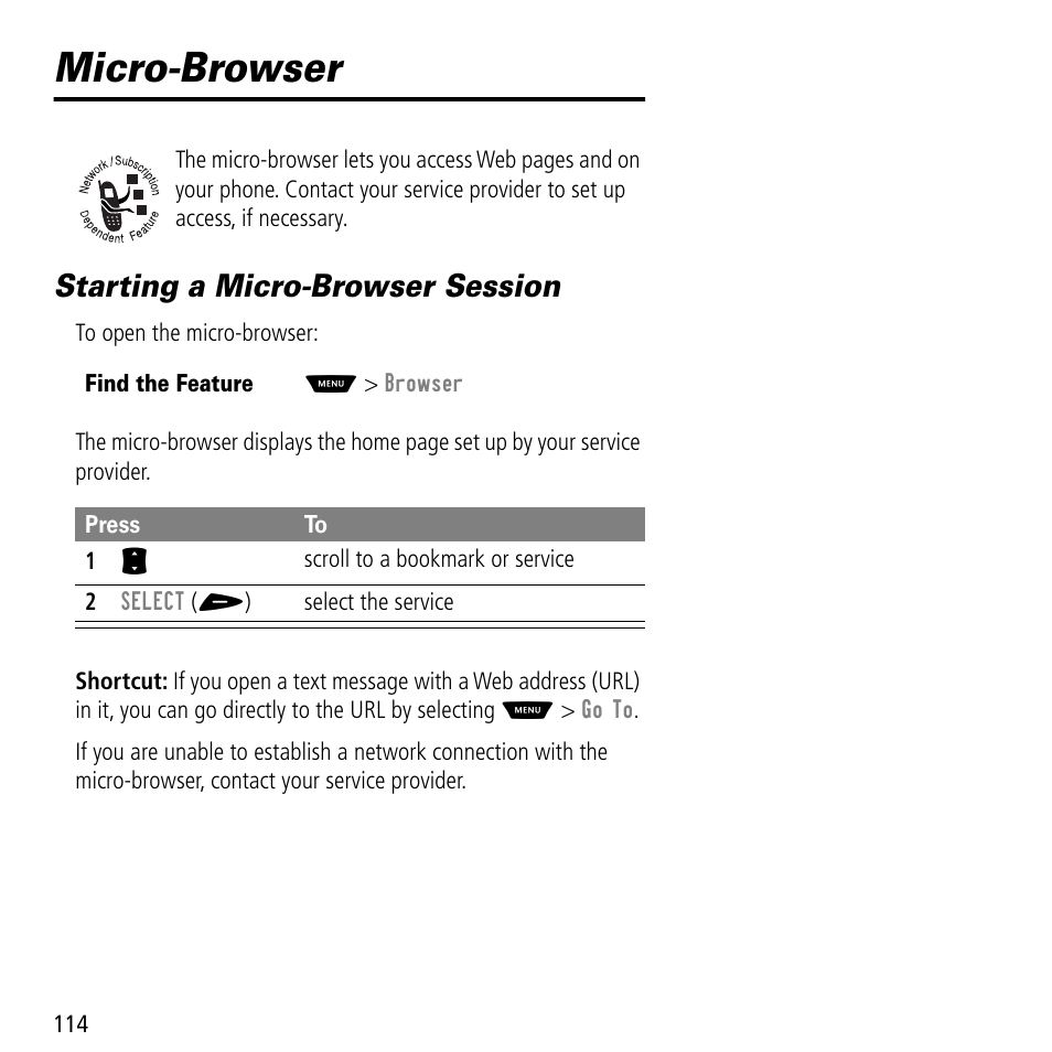 Micro-browser, Starting a micro-browser session | Motorola V60C User Manual | Page 116 / 190