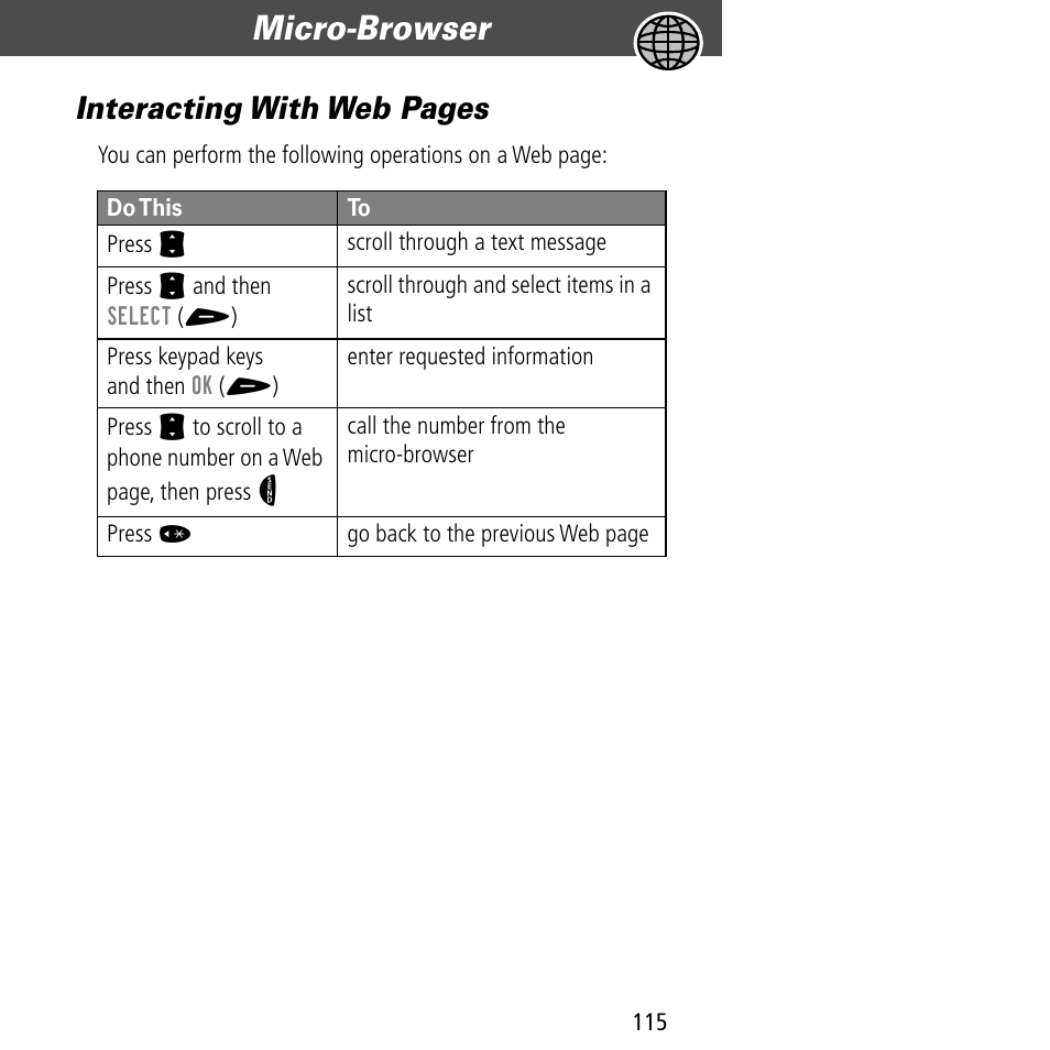 Micro-browser, Interacting with web pages | Motorola V60C User Manual | Page 117 / 190