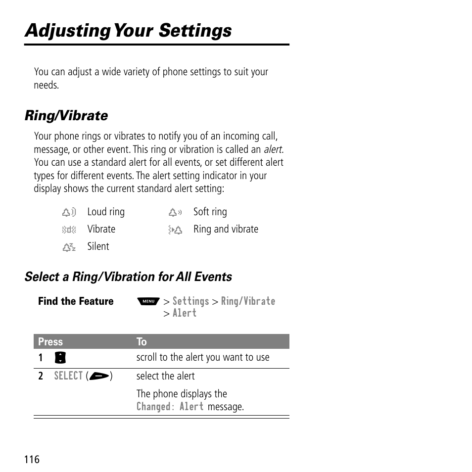 Adjusting your settings, Ring/vibrate | Motorola V60C User Manual | Page 118 / 190