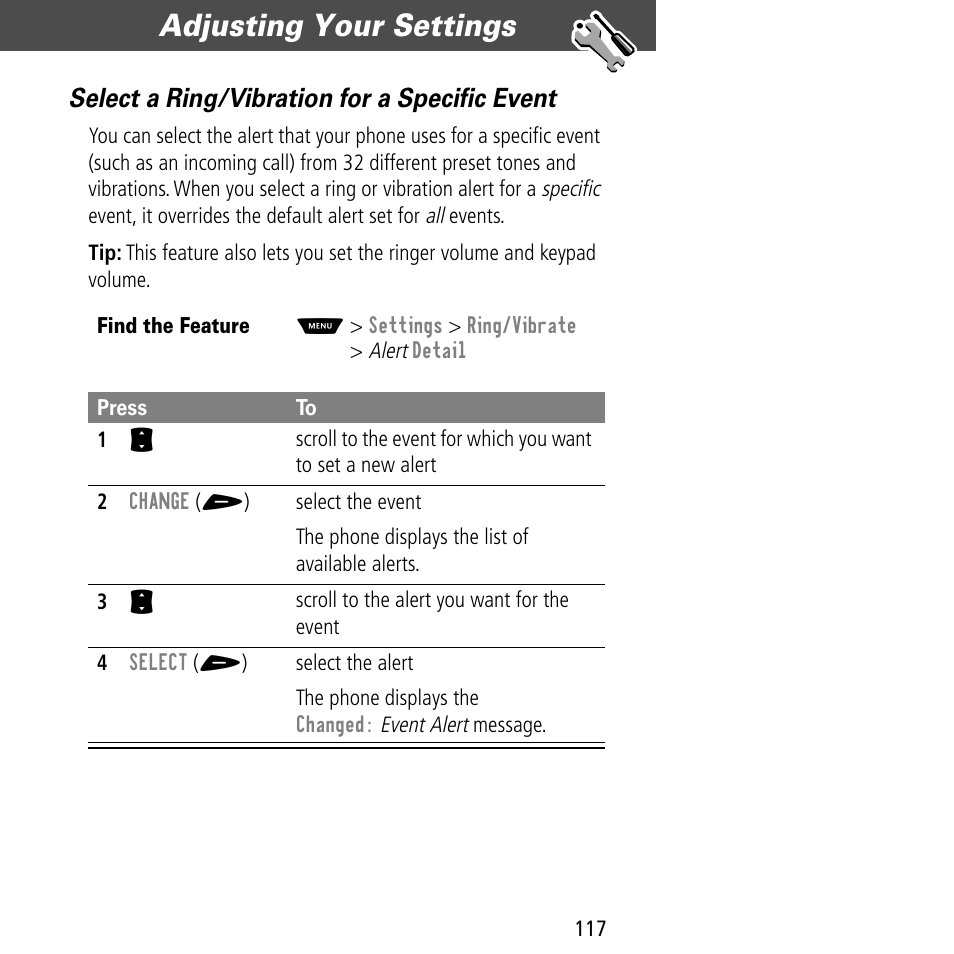 Adjusting your settings, Select a ring/vibration for a specific event | Motorola V60C User Manual | Page 119 / 190