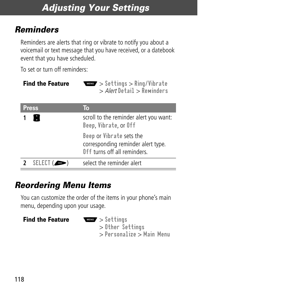 Reminders, Reordering menu items, Reminders reordering menu items | Adjusting your settings | Motorola V60C User Manual | Page 120 / 190