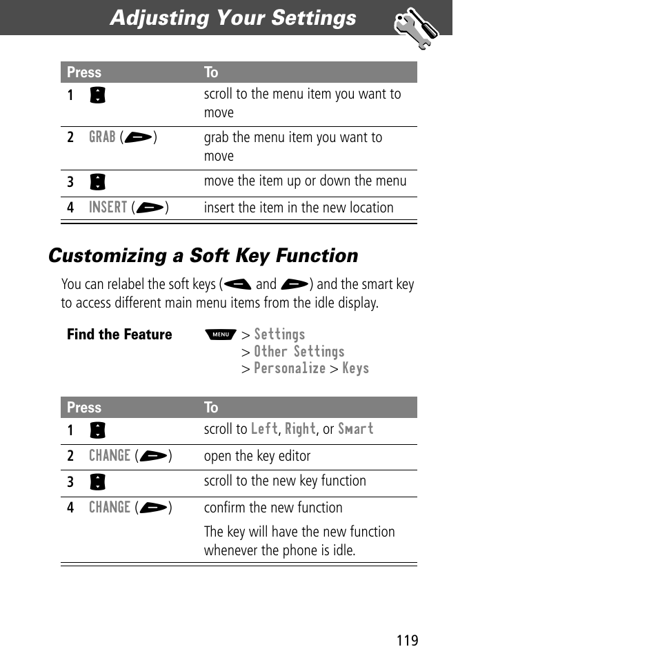 Customizing a soft key function, Adjusting your settings | Motorola V60C User Manual | Page 121 / 190