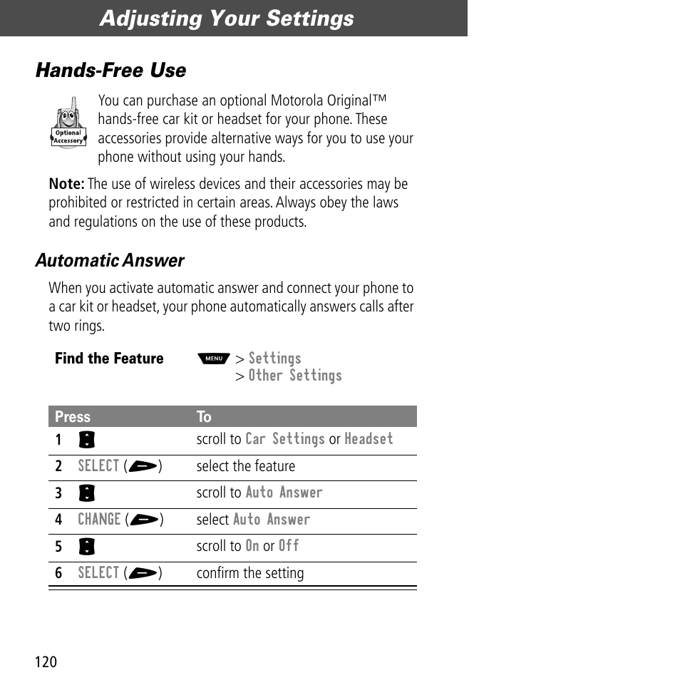 Hands-free use, Adjusting your settings, Automatic answer | Motorola V60C User Manual | Page 122 / 190