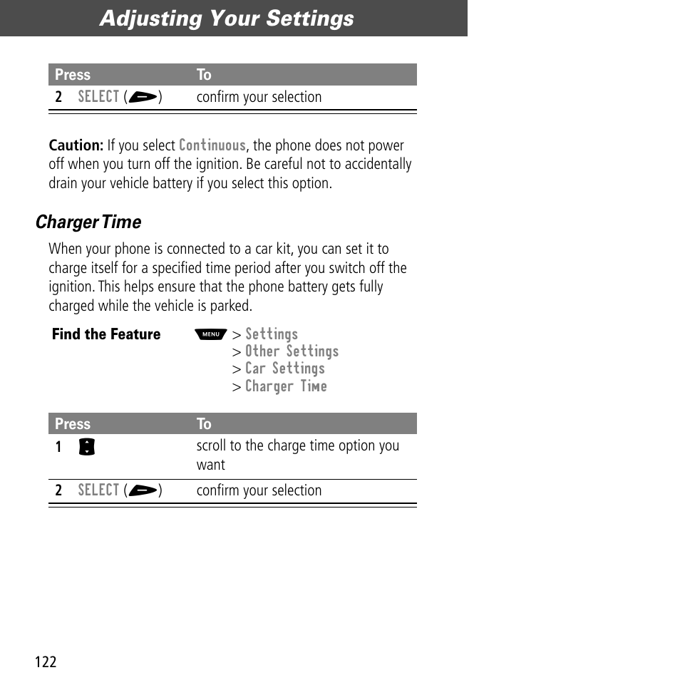 Adjusting your settings, Charger time | Motorola V60C User Manual | Page 124 / 190