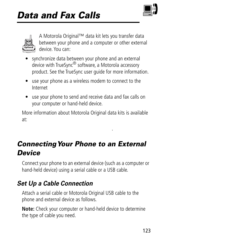 Data and fax calls, Connecting your phone to an external device | Motorola V60C User Manual | Page 125 / 190