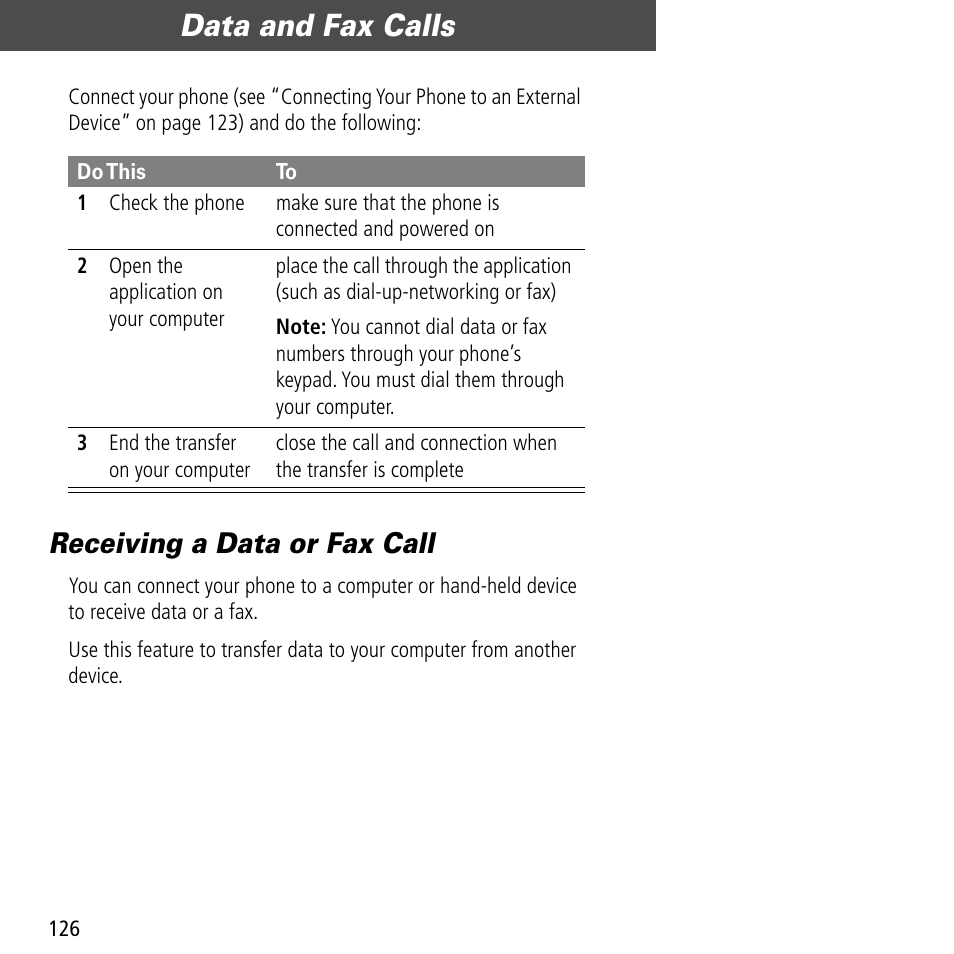 Receiving a data or fax call, Data and fax calls | Motorola V60C User Manual | Page 128 / 190