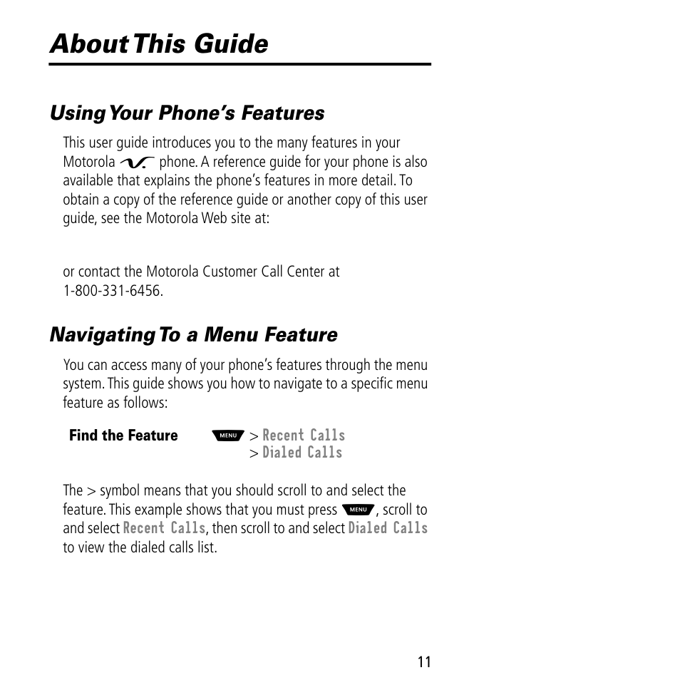 About this guide, Using your phone’s features, Navigating to a menu feature | Motorola V60C User Manual | Page 13 / 190