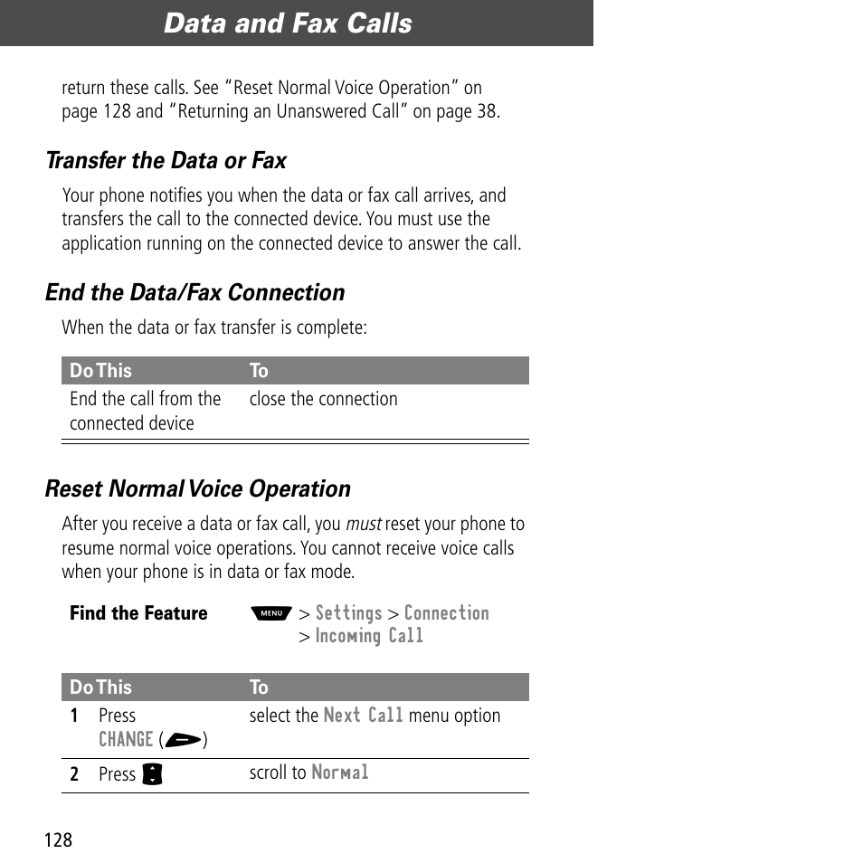 Data and fax calls, Transfer the data or fax, End the data/fax connection | Reset normal voice operation | Motorola V60C User Manual | Page 130 / 190