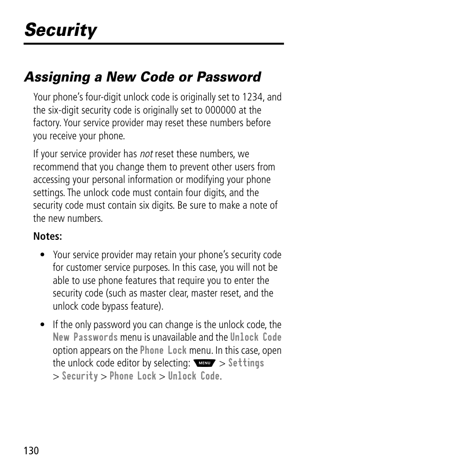 Security, Assigning a new code or password | Motorola V60C User Manual | Page 132 / 190