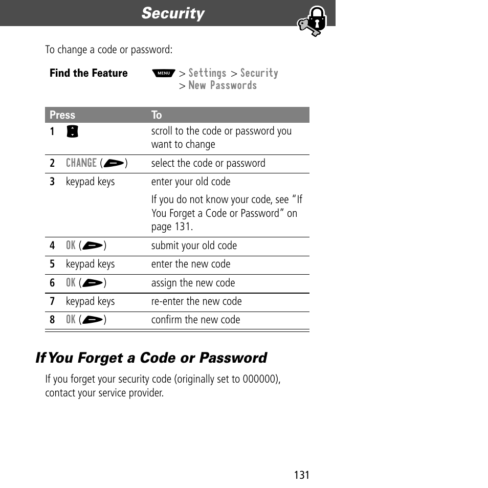 If you forget a code or password, Security | Motorola V60C User Manual | Page 133 / 190