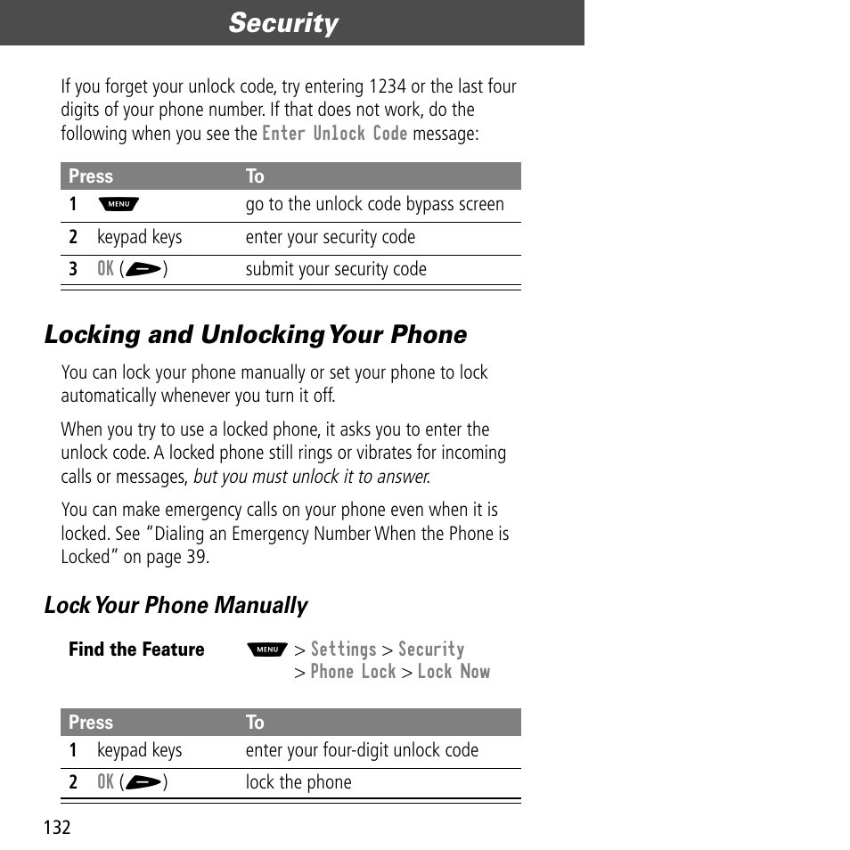 Locking and unlocking your phone, Security, Lock your phone manually | Motorola V60C User Manual | Page 134 / 190