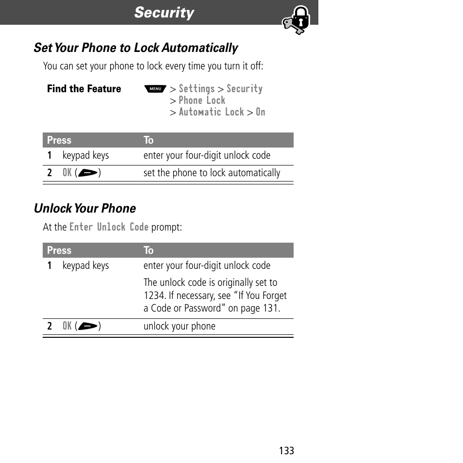 Security, Set your phone to lock automatically, Unlock your phone | Motorola V60C User Manual | Page 135 / 190