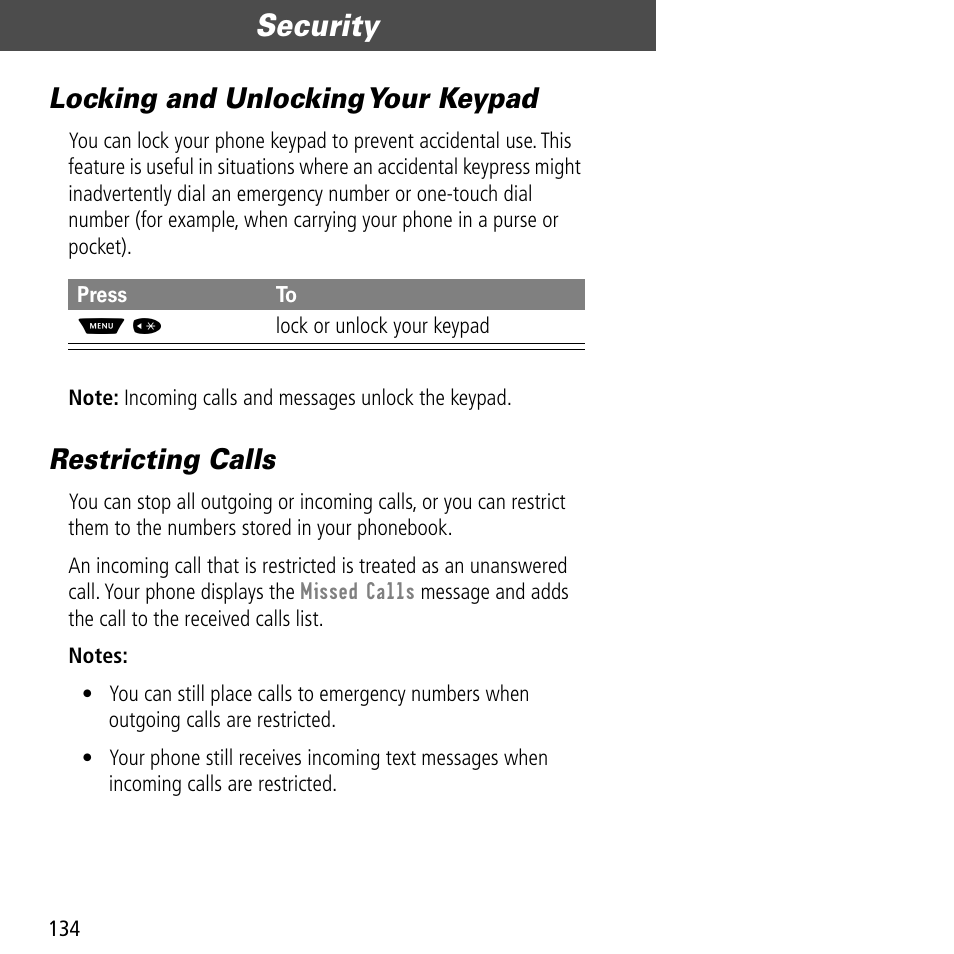 Locking and unlocking your keypad, Restricting calls, Security | Motorola V60C User Manual | Page 136 / 190