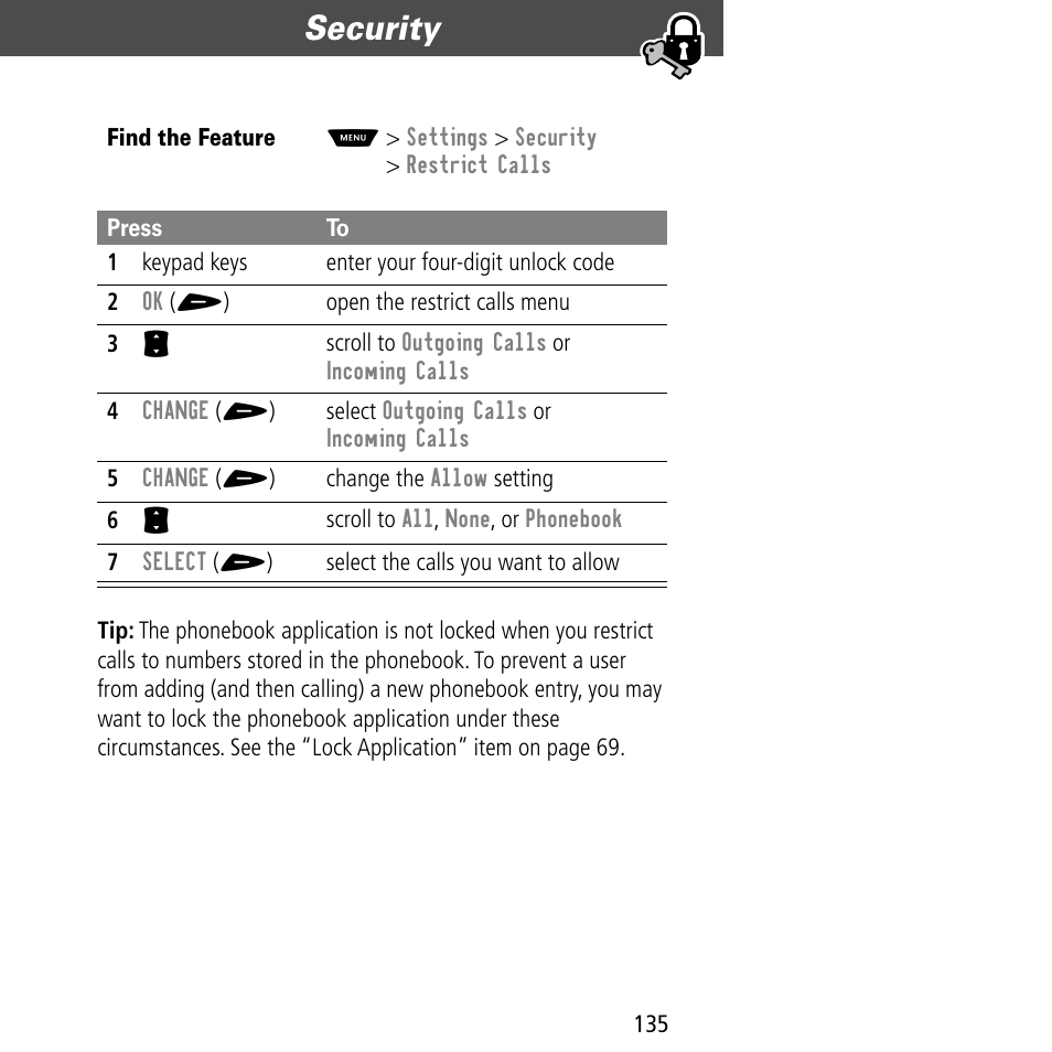 Security | Motorola V60C User Manual | Page 137 / 190