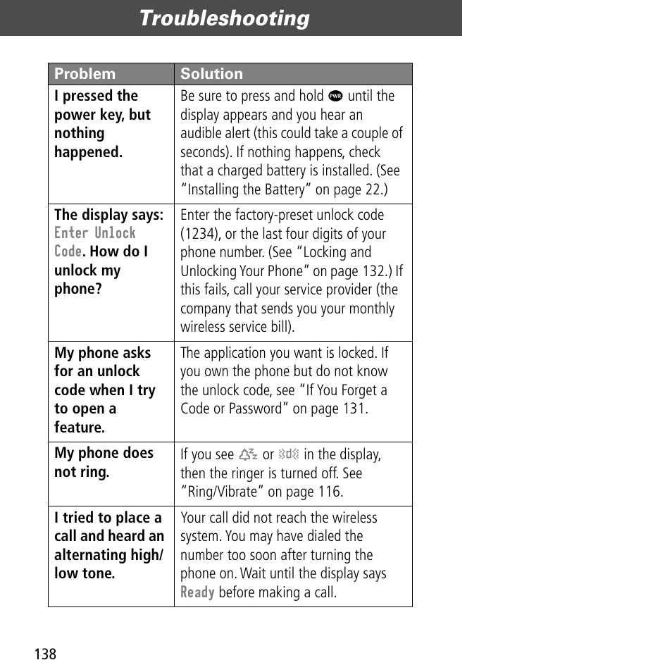 Troubleshooting | Motorola V60C User Manual | Page 140 / 190