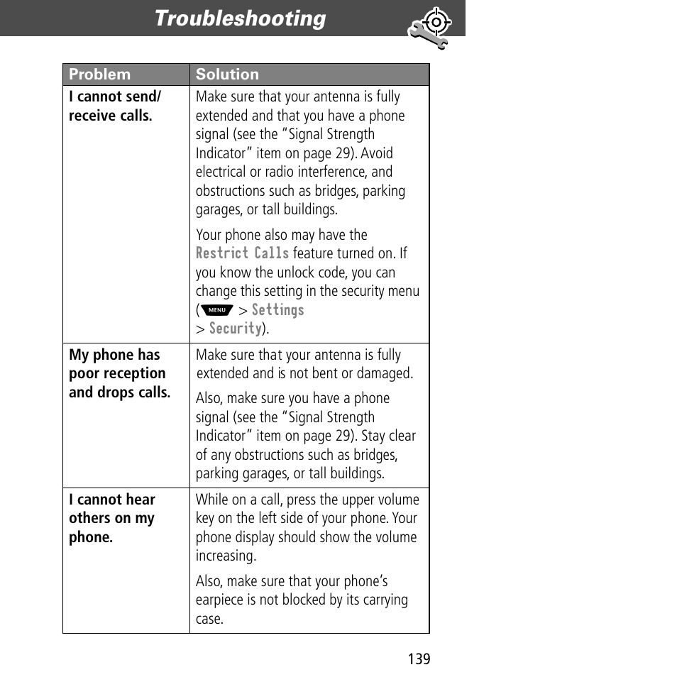 Troubleshooting | Motorola V60C User Manual | Page 141 / 190