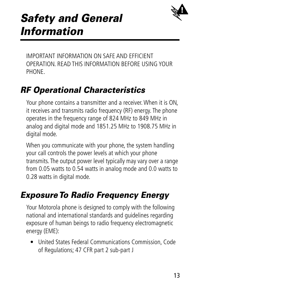 Safety and general information, Rf operational characteristics, Exposure to radio frequency energy | Motorola V60C User Manual | Page 15 / 190