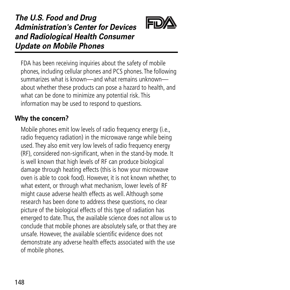 Fda update | Motorola V60C User Manual | Page 150 / 190