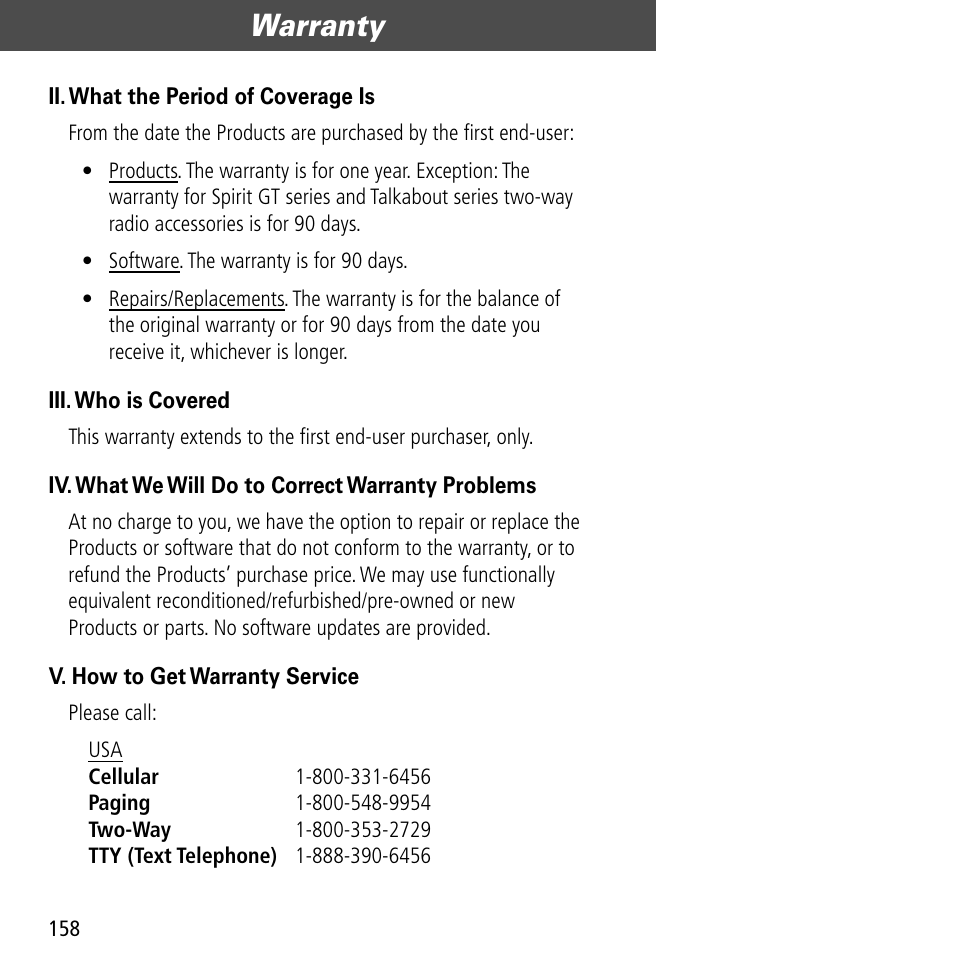 Warranty | Motorola V60C User Manual | Page 160 / 190