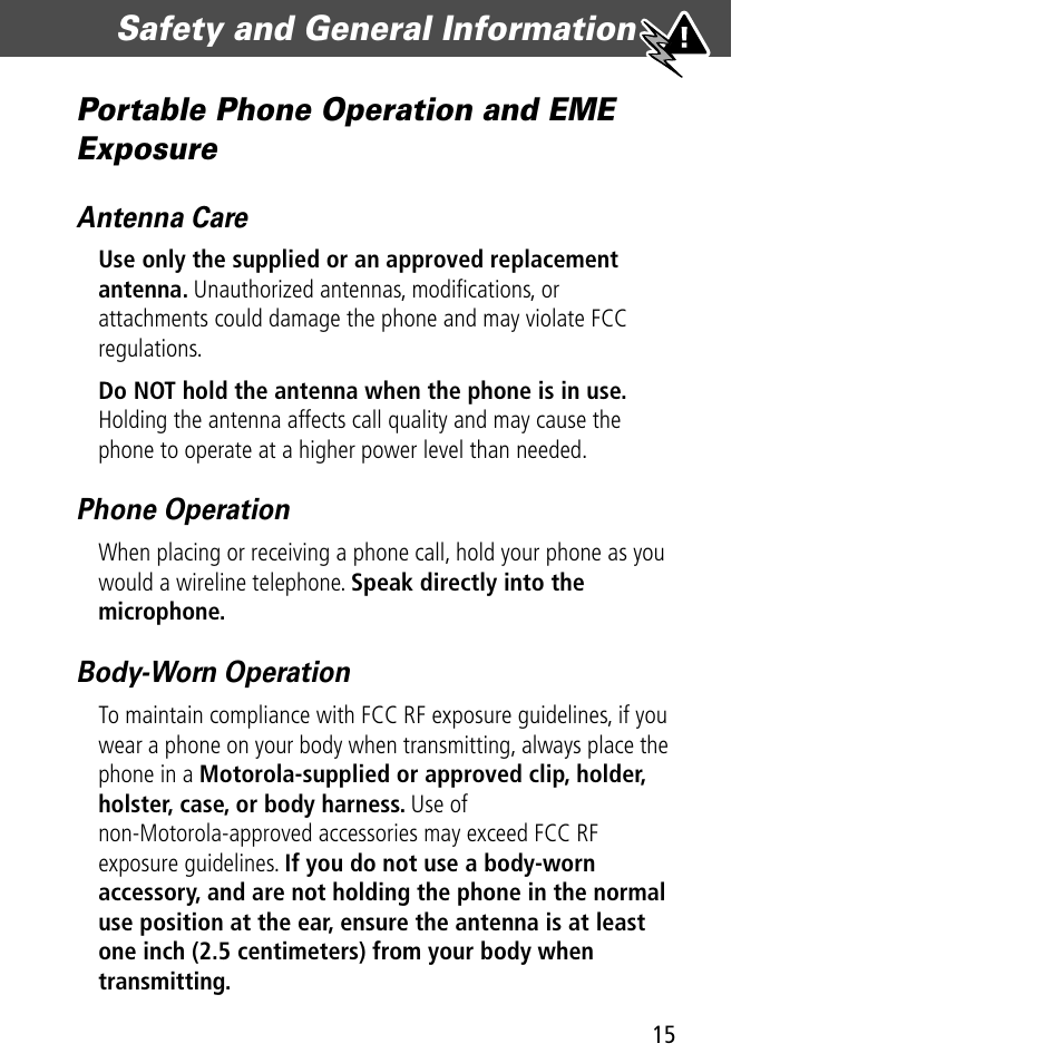 Safety and general information, Portable phone operation and eme exposure | Motorola V60C User Manual | Page 17 / 190