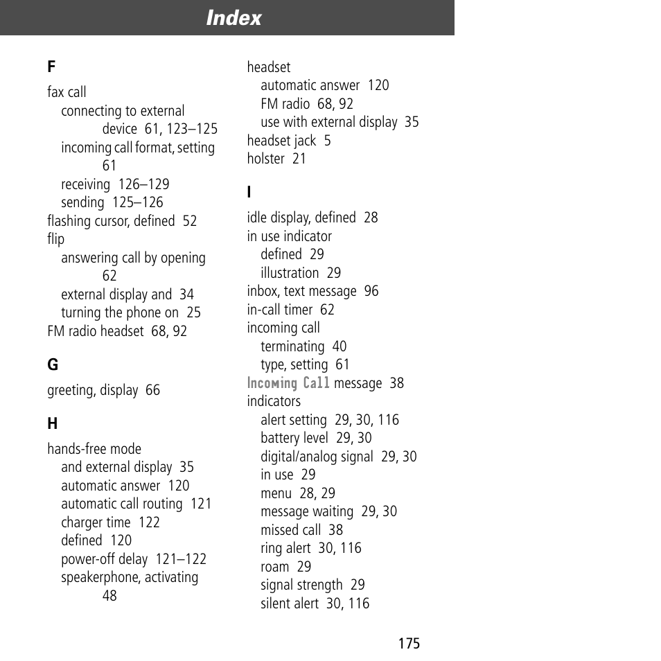 Index | Motorola V60C User Manual | Page 177 / 190