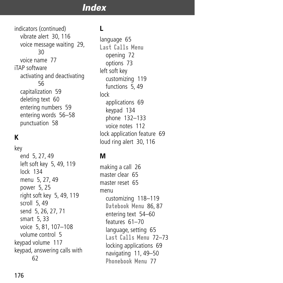 Index | Motorola V60C User Manual | Page 178 / 190