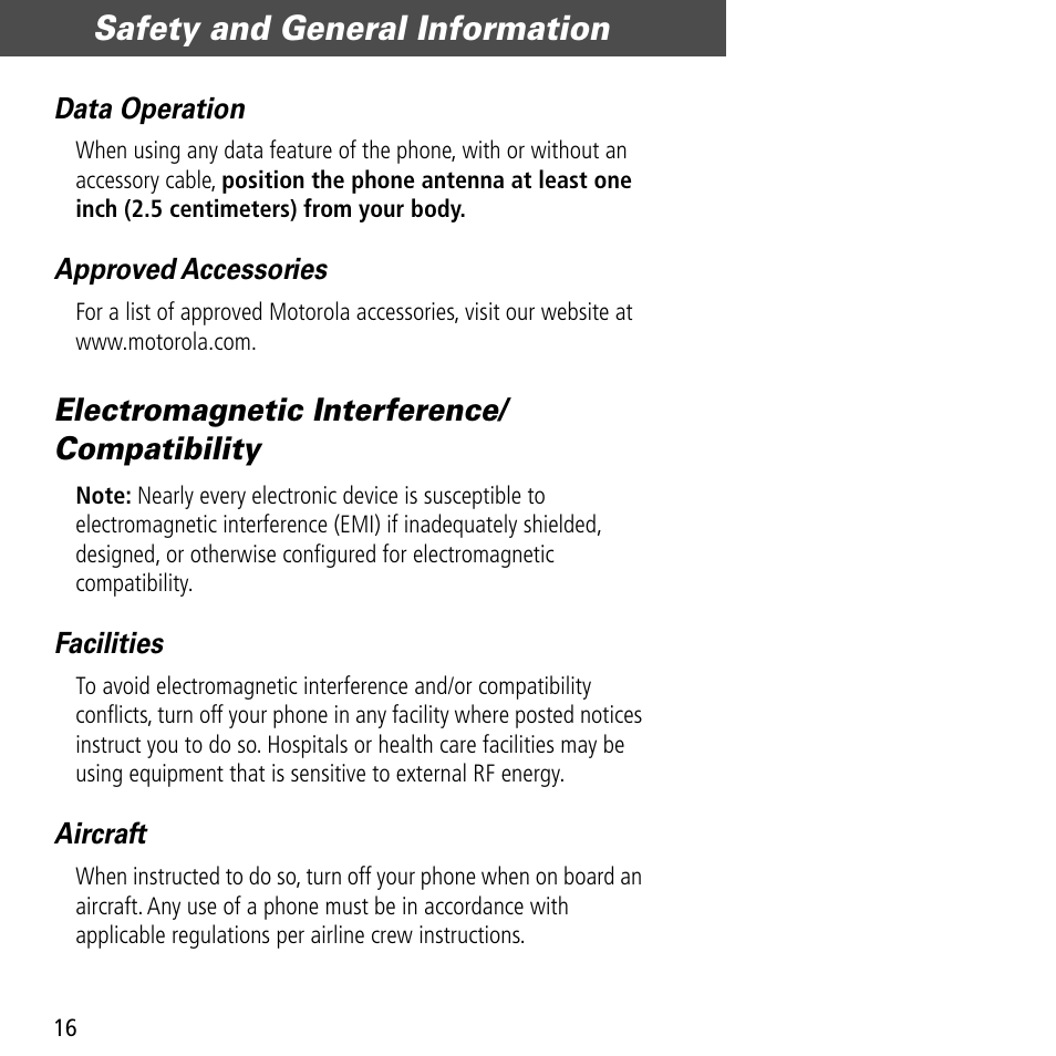 Safety and general information, Electromagnetic interference/ compatibility | Motorola V60C User Manual | Page 18 / 190