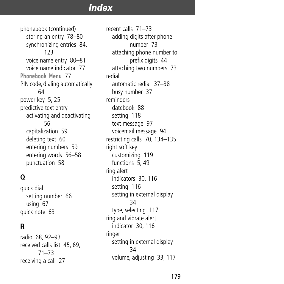 Index | Motorola V60C User Manual | Page 181 / 190