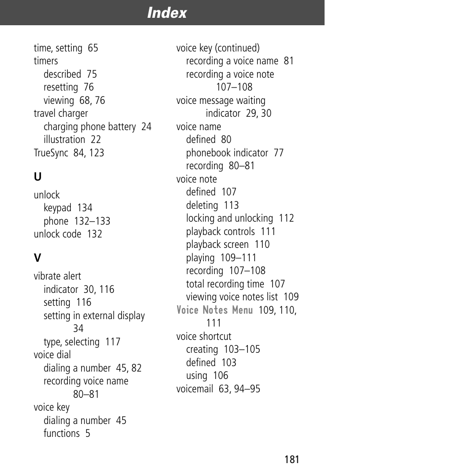 Index | Motorola V60C User Manual | Page 183 / 190