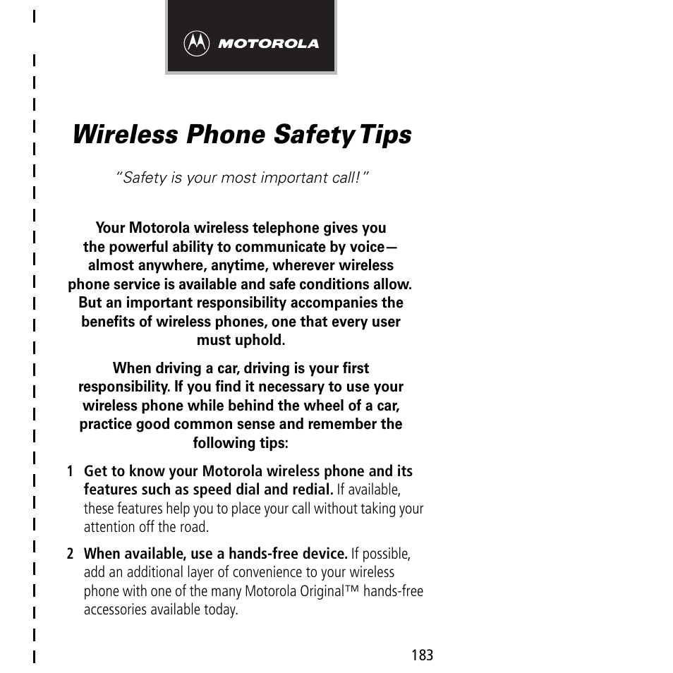 Wireless phone safety tips | Motorola V60C User Manual | Page 185 / 190