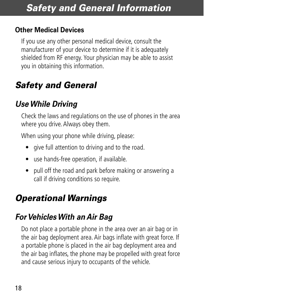 Safety and general information, Safety and general, Operational warnings | Motorola V60C User Manual | Page 20 / 190