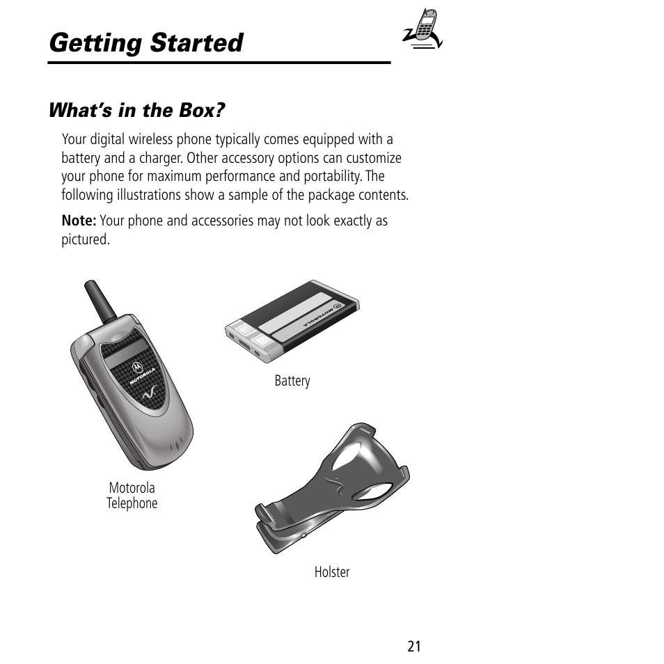 Getting started, What’s in the box | Motorola V60C User Manual | Page 23 / 190