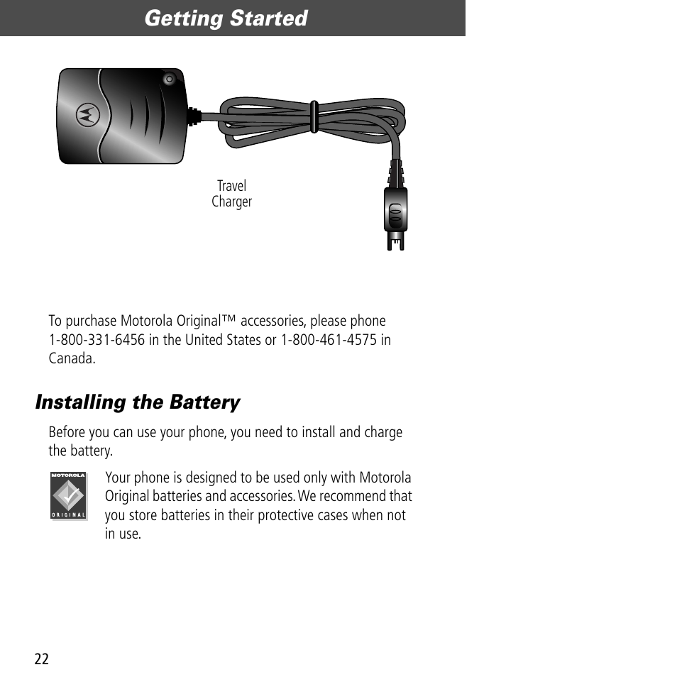 Installing the battery, Getting started | Motorola V60C User Manual | Page 24 / 190