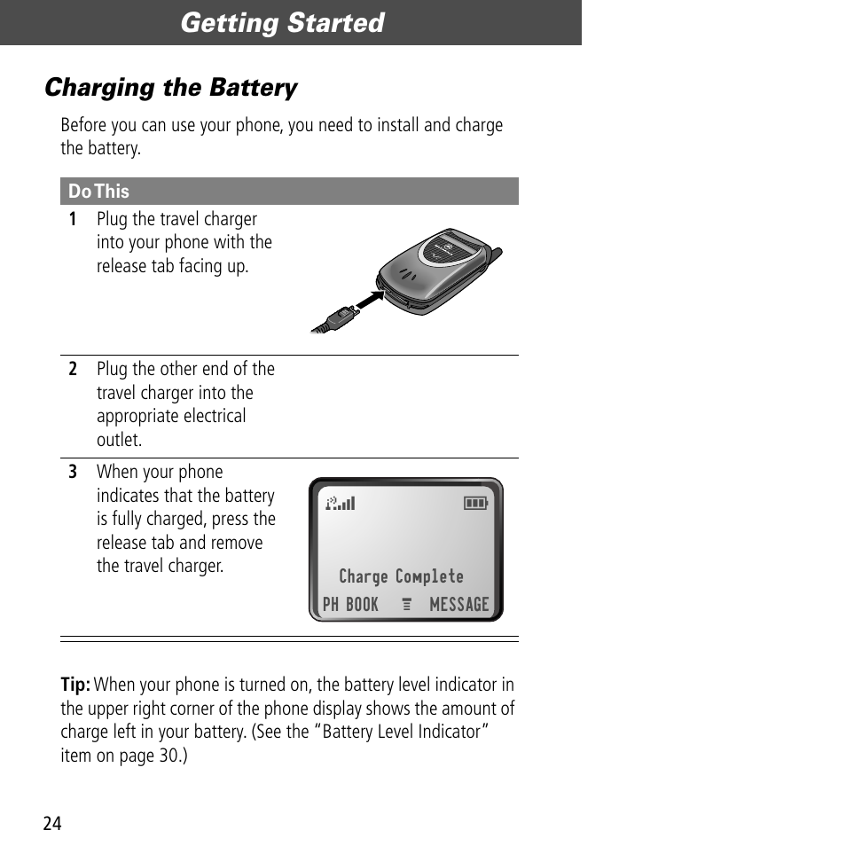 Charging the battery, Getting started | Motorola V60C User Manual | Page 26 / 190