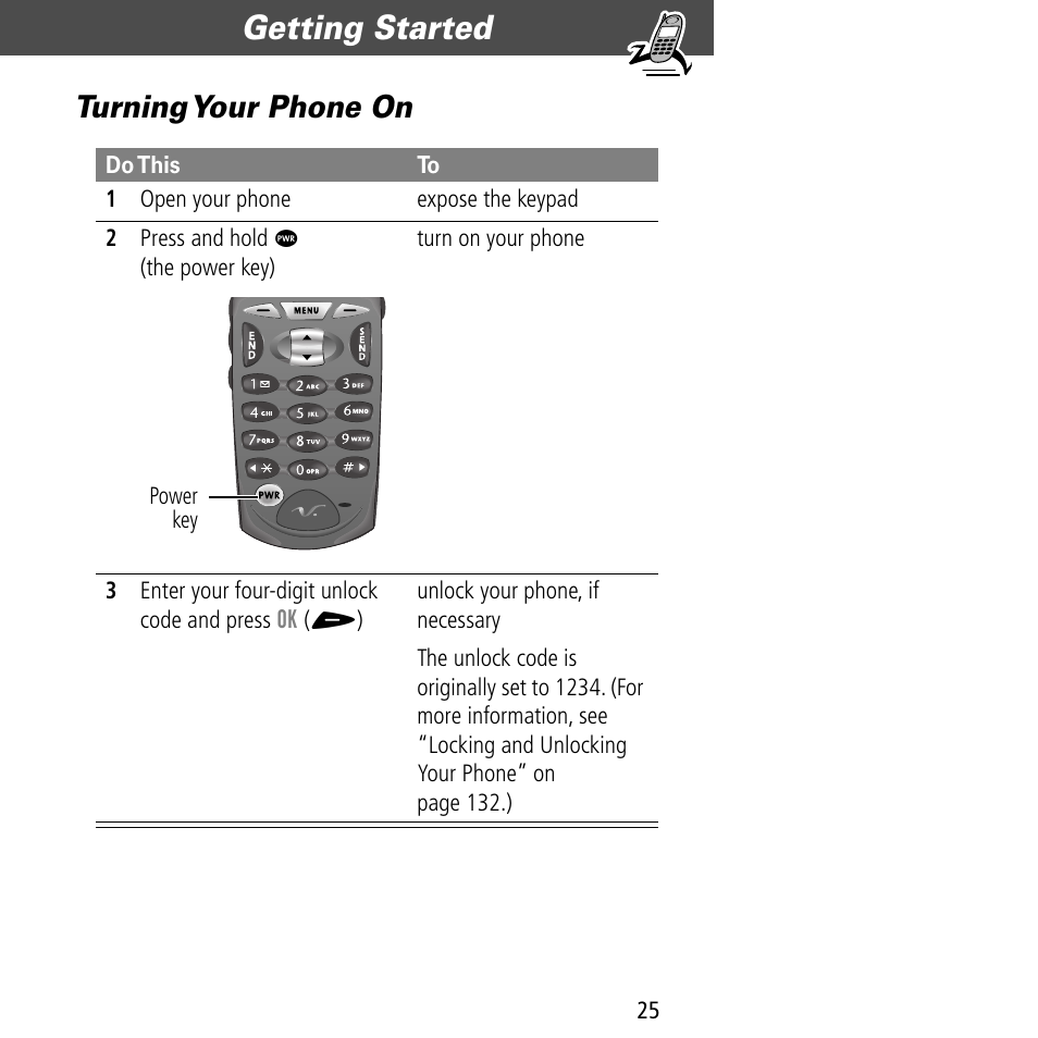 Turning your phone on, Getting started | Motorola V60C User Manual | Page 27 / 190