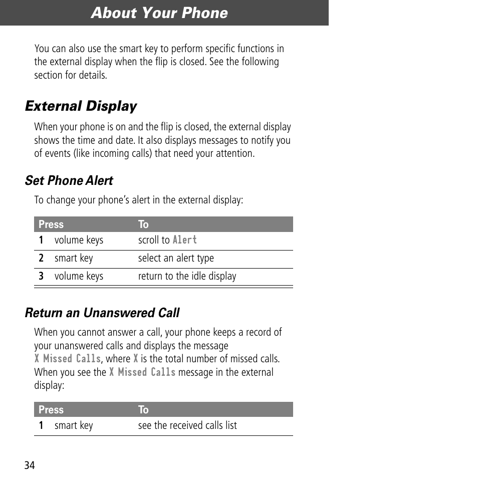 External display, About your phone, Set phone alert | Return an unanswered call | Motorola V60C User Manual | Page 36 / 190