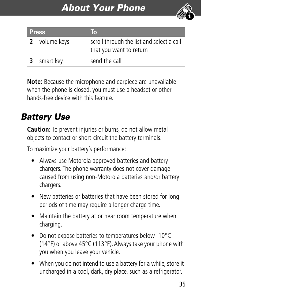 Battery use, About your phone | Motorola V60C User Manual | Page 37 / 190