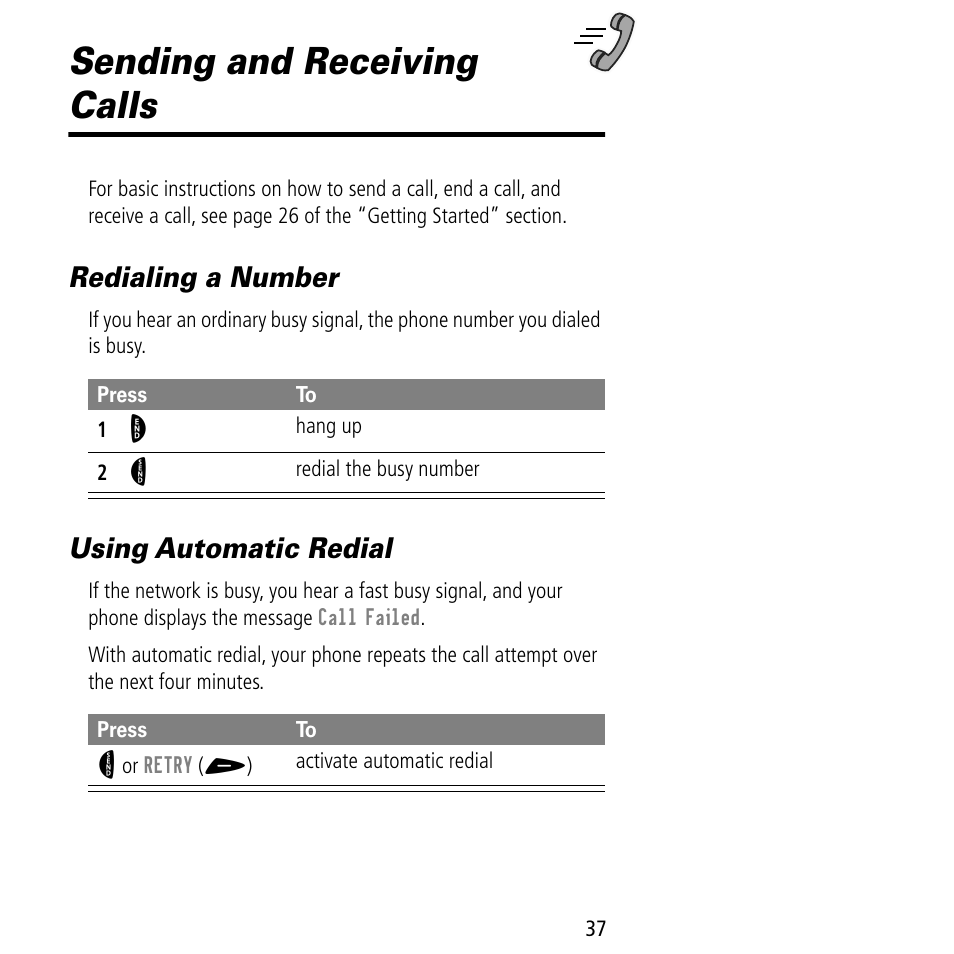 Sending and receiving calls, Redialing a number, Using automatic redial | Redialing a number using automatic redial | Motorola V60C User Manual | Page 39 / 190