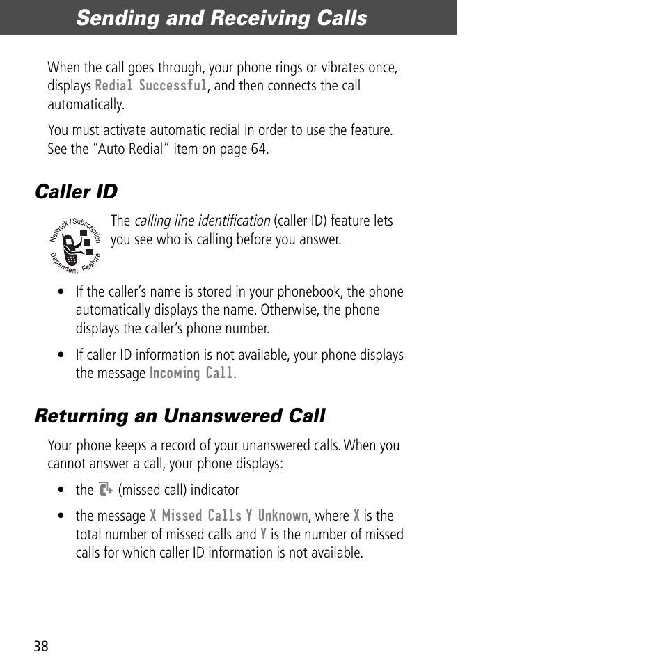 Caller id, Returning an unanswered call, Caller id returning an unanswered call | Sending and receiving calls | Motorola V60C User Manual | Page 40 / 190