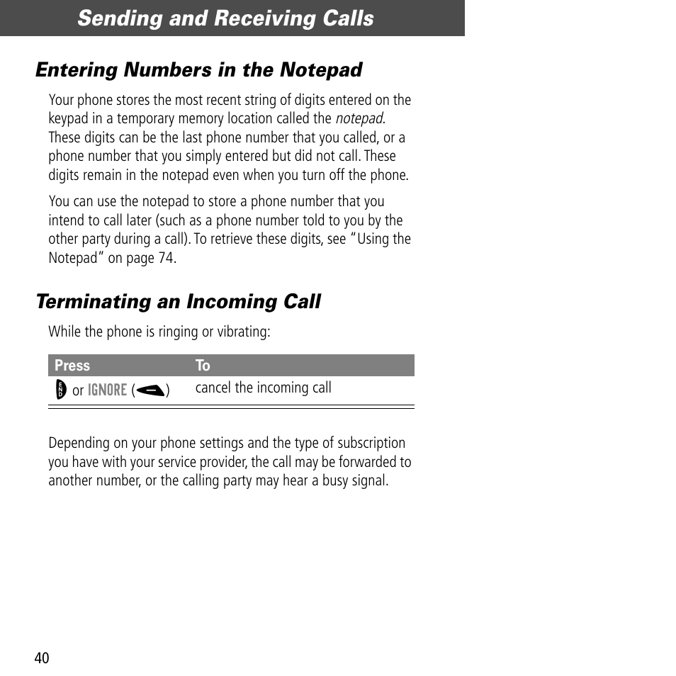 Entering numbers in the notepad, Terminating an incoming call, Sending and receiving calls | Motorola V60C User Manual | Page 42 / 190