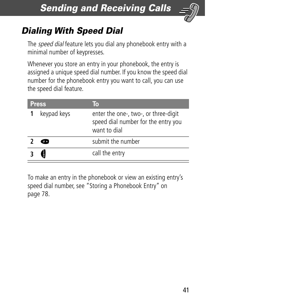 Dialing with speed dial, Sending and receiving calls | Motorola V60C User Manual | Page 43 / 190