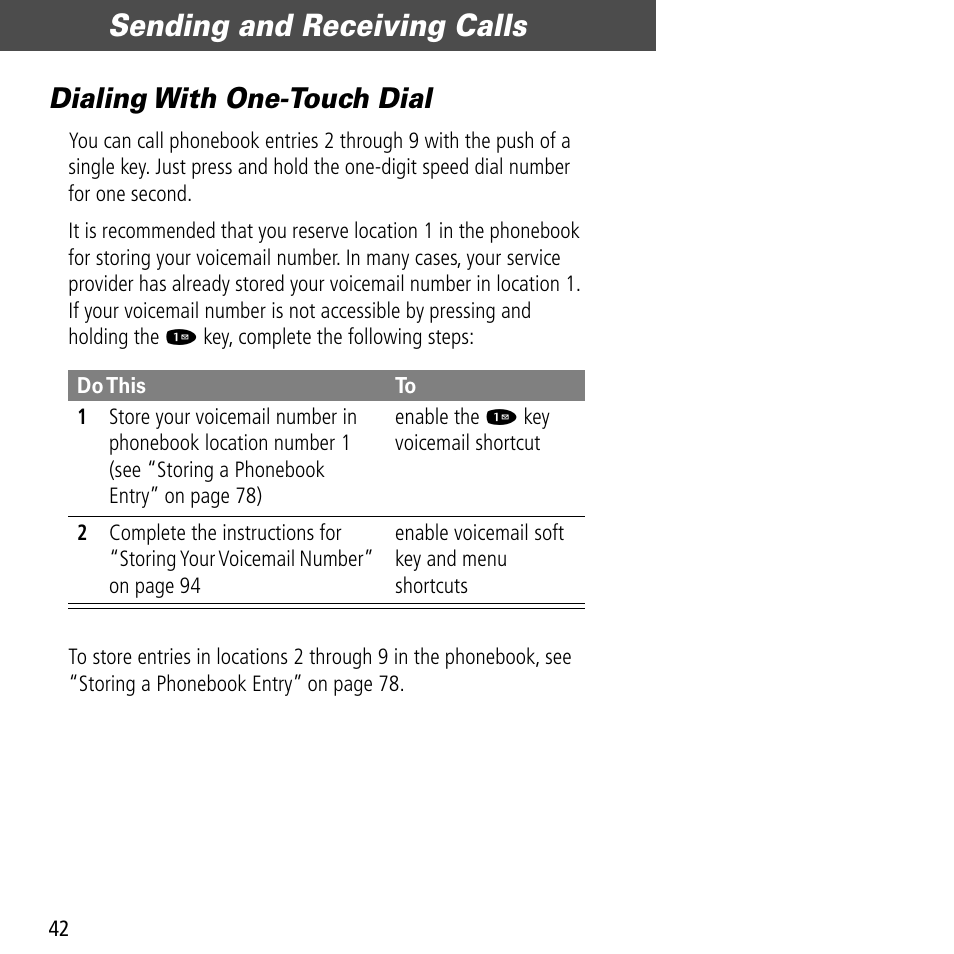 Dialing with one-touch dial, Sending and receiving calls | Motorola V60C User Manual | Page 44 / 190