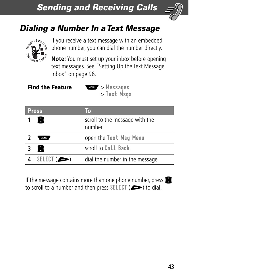 Dialing a number in a text message, Sending and receiving calls | Motorola V60C User Manual | Page 45 / 190