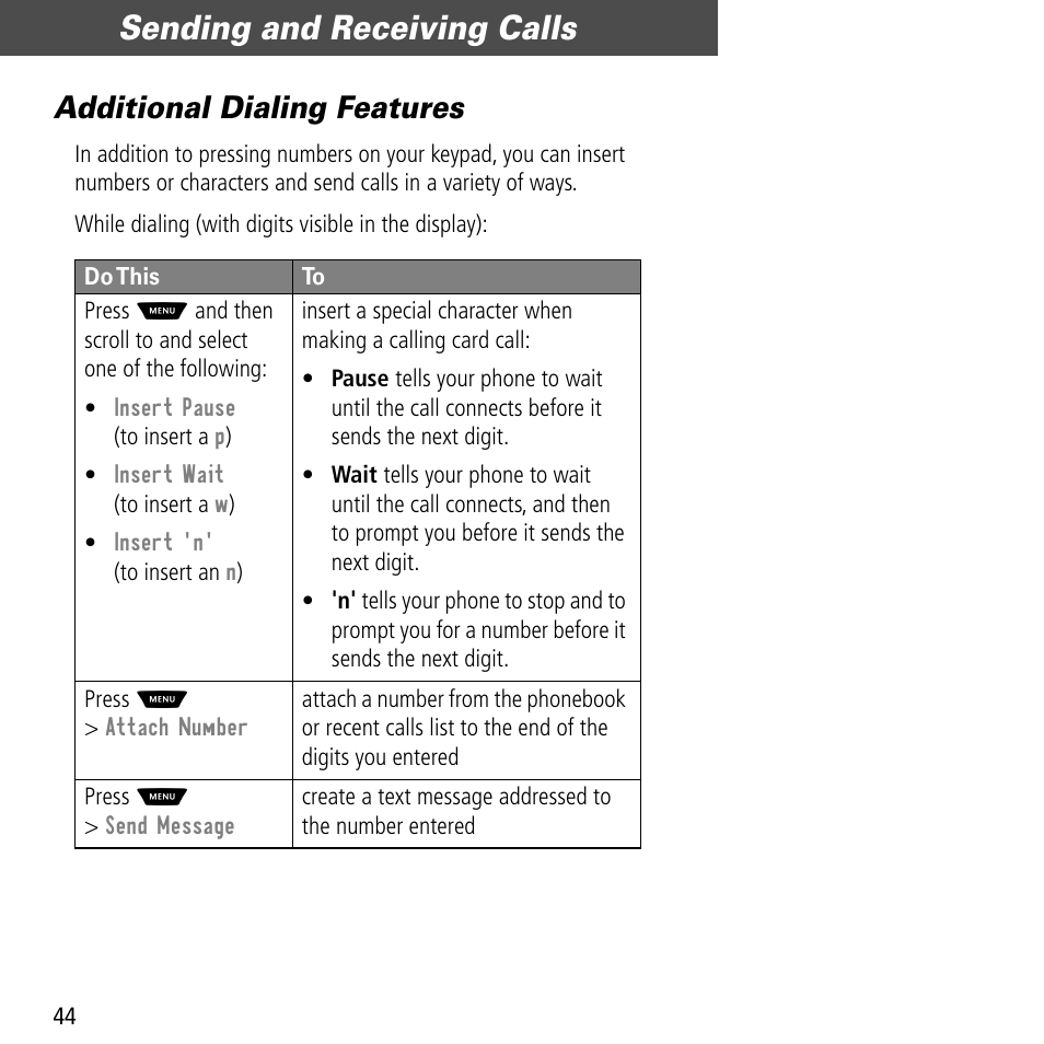 Additional dialing features, Sending and receiving calls | Motorola V60C User Manual | Page 46 / 190