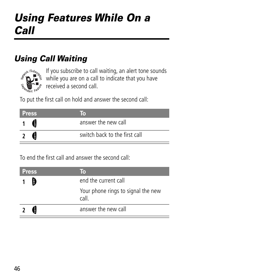 Using features while on a call, Using call waiting | Motorola V60C User Manual | Page 48 / 190