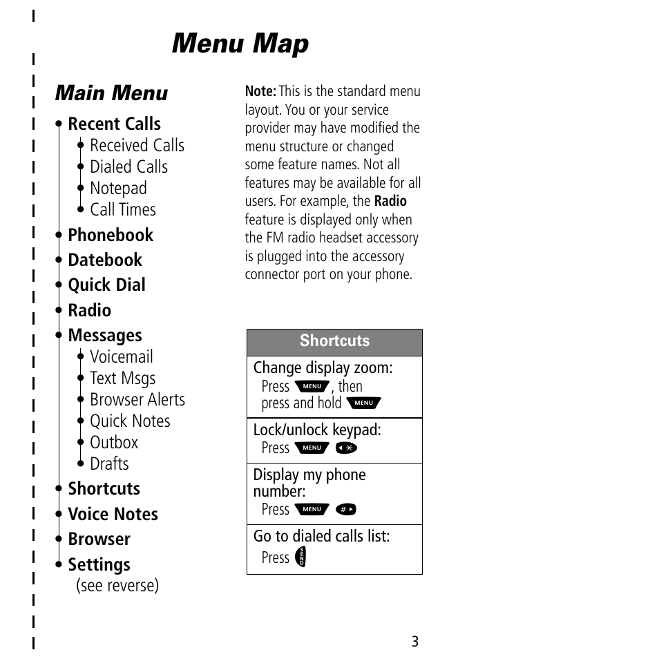 Menu map, Main menu | Motorola V60C User Manual | Page 5 / 190